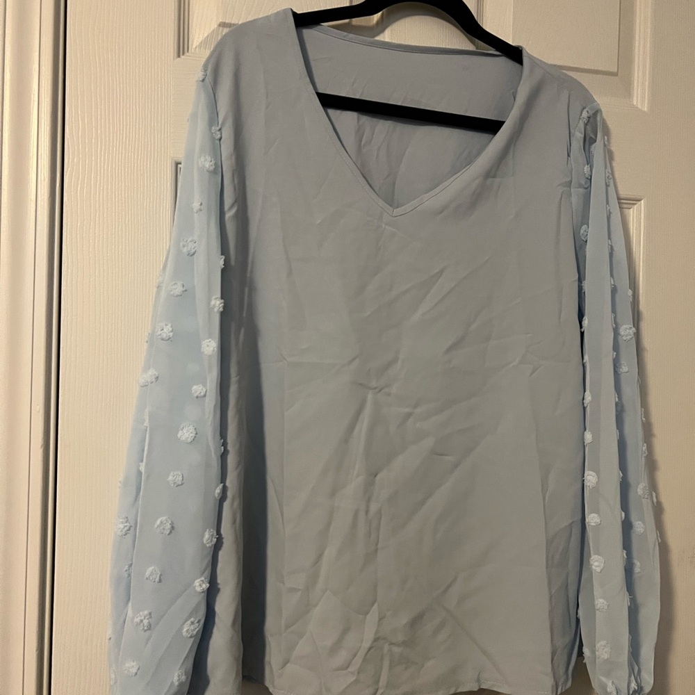 Blue Relaxed V-Neck Blouse with Textured Sleeves